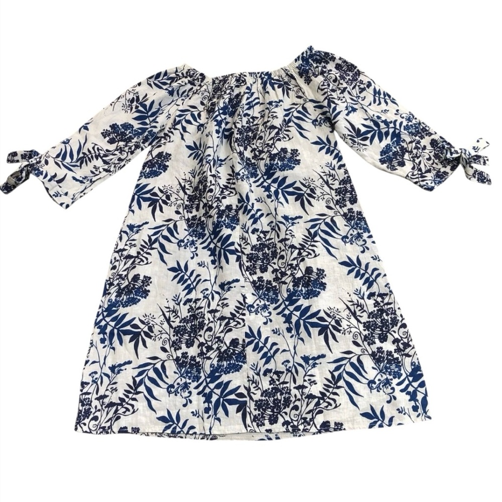 Valentina Naldi 100% Linen Floral Dress 3/4 Tie Sleeve Italy White Blue Sz Large